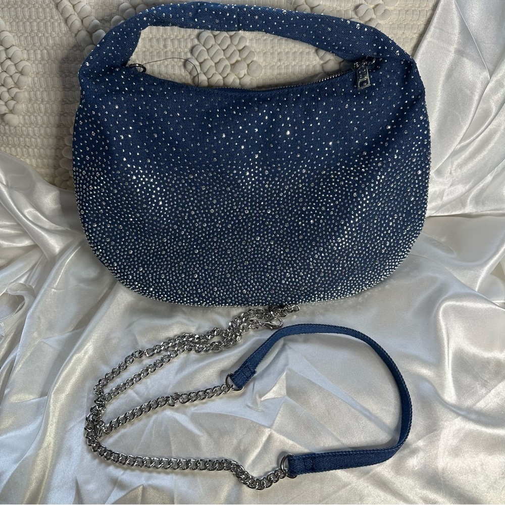 Rhinestone Denim Hobo Shoulder Bag – Sparkle Crossbody Purse Y2K NWT - Picture 10 of 11